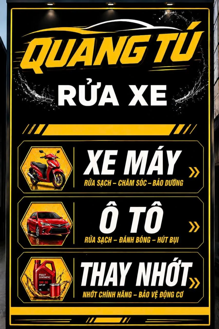 Bảng dịch vụ Quang Tú: xe máy, ô tô, thay nhớt