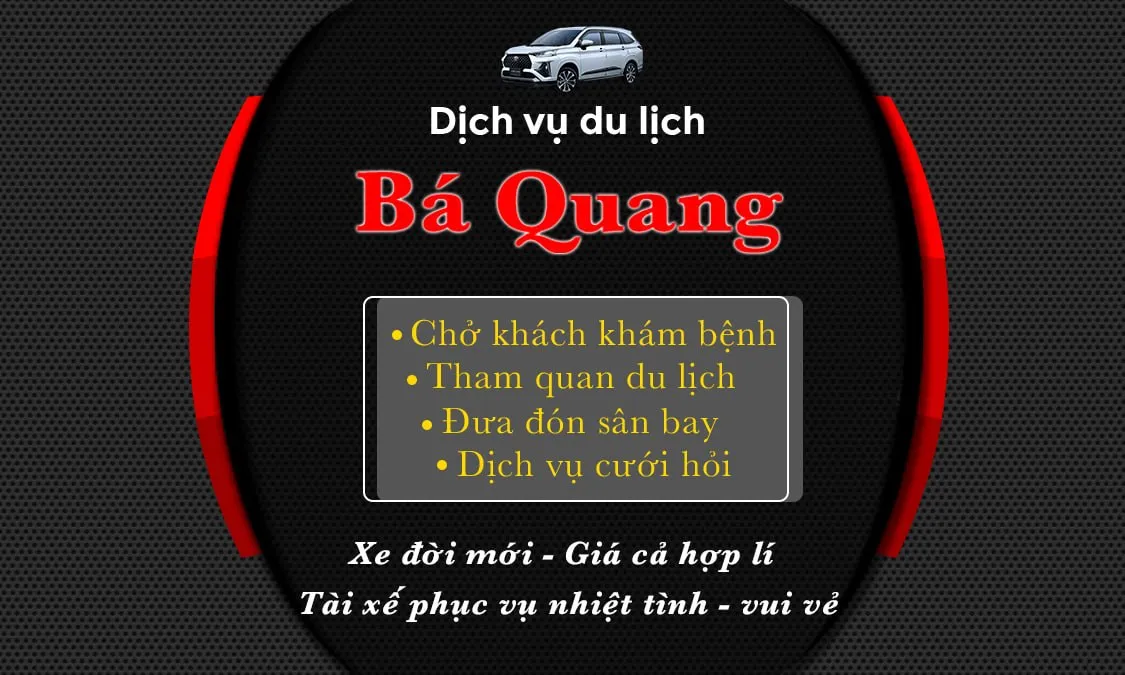 Mặt sau danh thiếp Bá Quang: chở khách khám bệnh, tham quan du lịch, đưa đón sân bay và dịch vụ cưới hỏi